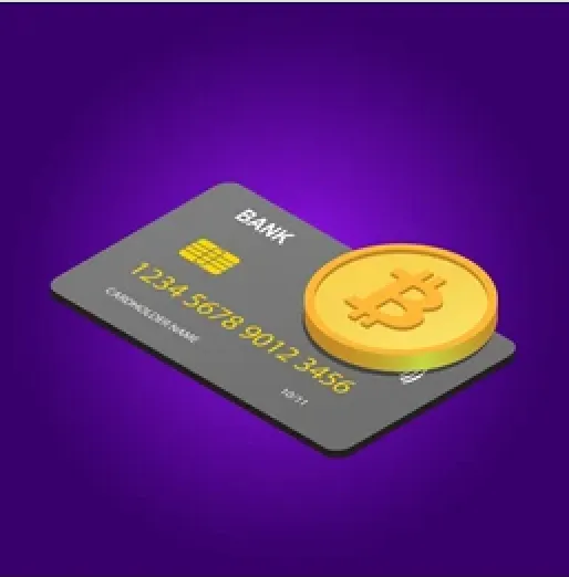 Isometric illustration of a payment card next to a gold bitcoin coin